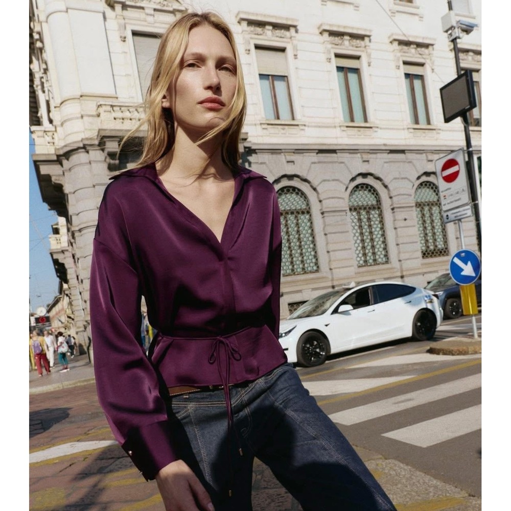 Zara Womens XS Plum Purple Satin Wrap Tie Back Long Sleeve Blouse Gold Buttons